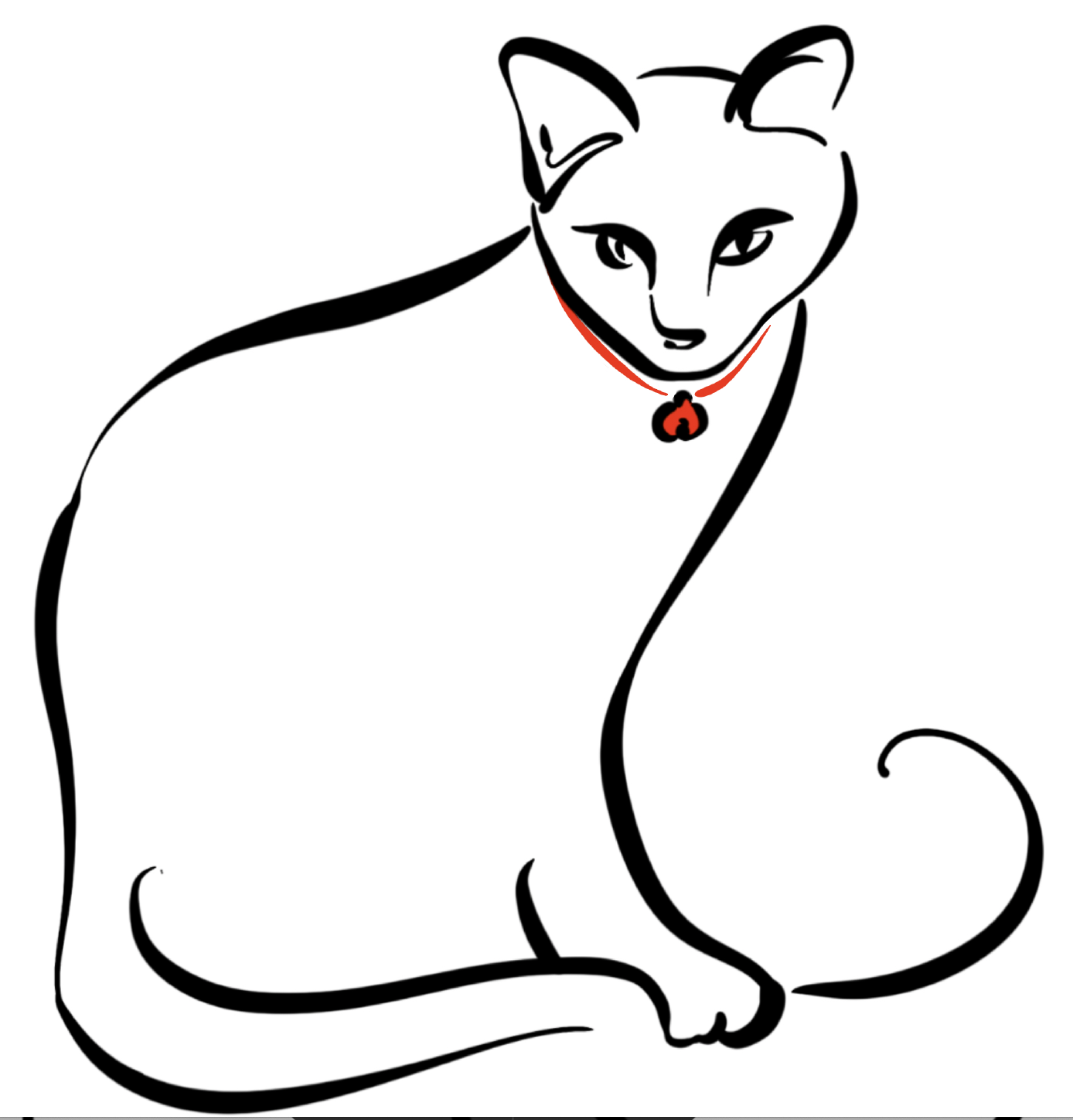 A cat outlined in black has a red collar and bell around its neck.